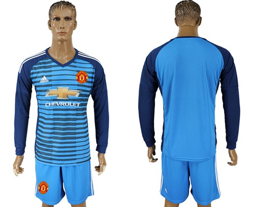 Manchester United Blank Blue Long Sleeves Soccer Club Jersey - Click Image to Close